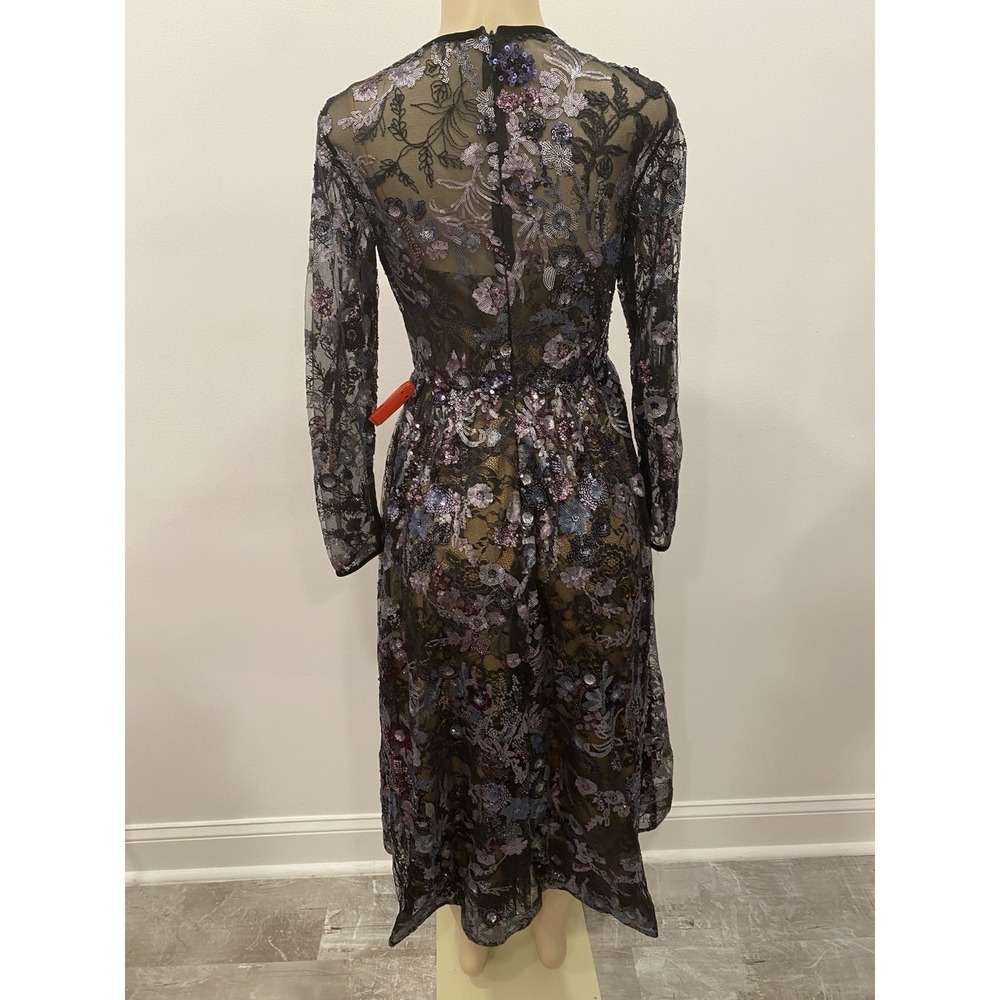 MacDuggal Illusion Floral Long Sleeve Fit Flare Dress Black Beaded Sequin NWT 4 - Picture 2 of 16